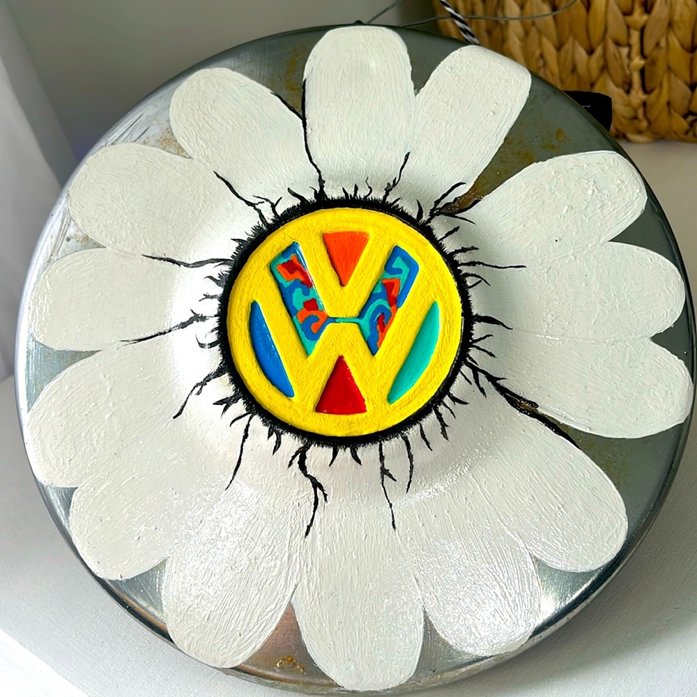 Hand painted Vintage retro VW Volkswagen silver bug beetle van hubcap wall decor